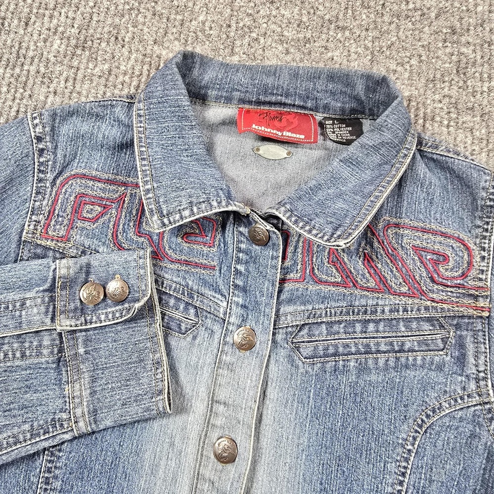 VTG Johnny Blaze Jacket Womens Large Blue Denim Flame Embroidered Buckle Hip Hop
